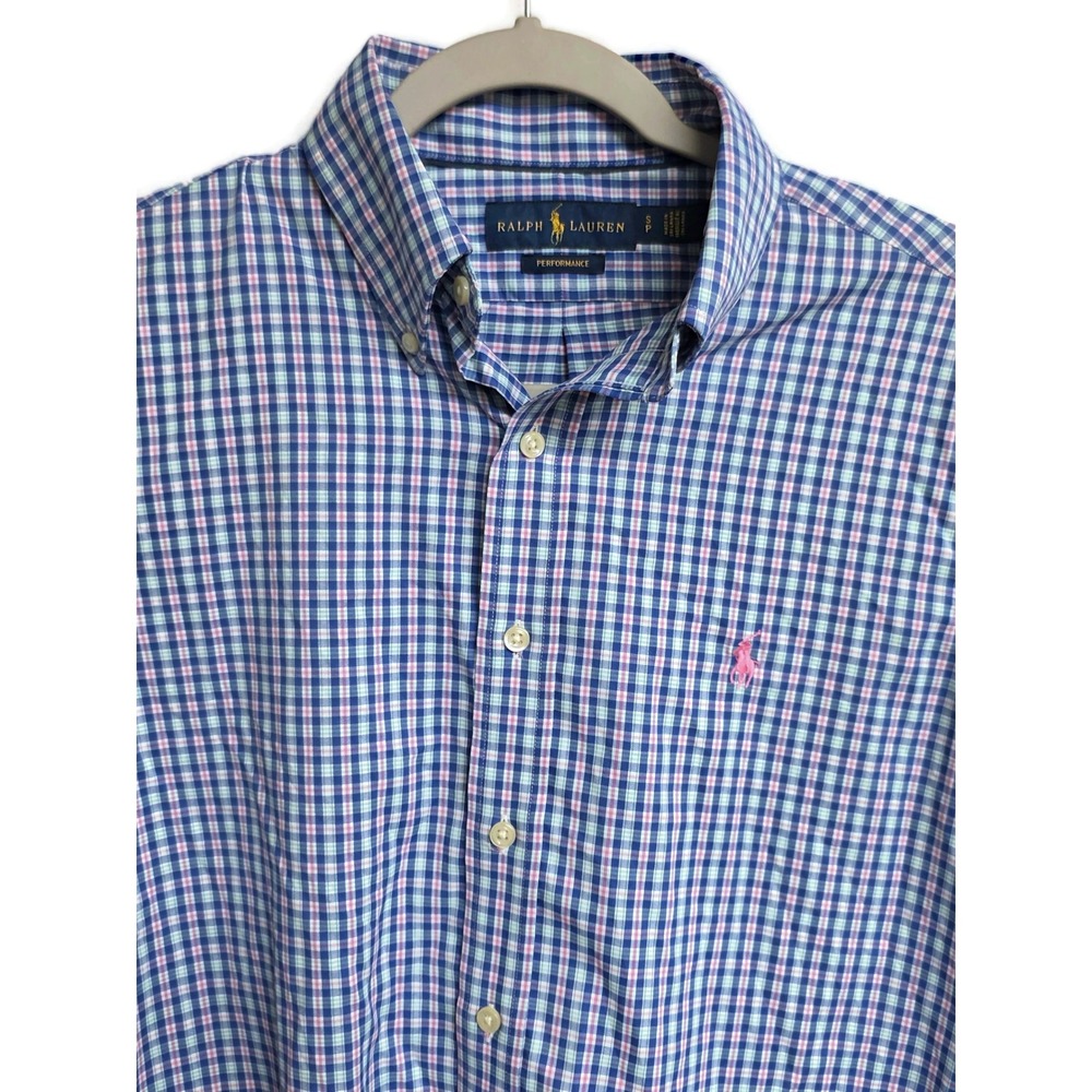 Polo Ralph Lauren Shirt Mens Small Blue Pink Plaid Performance Wicking